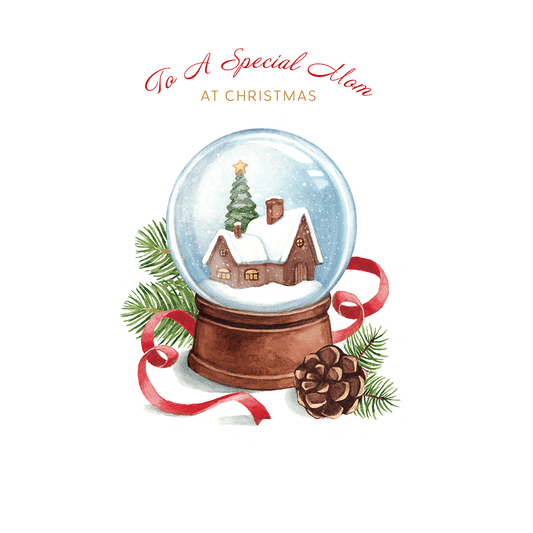 Pictura Christmas card featuring a winter snowglobe scene with festive holiday decorations and a heartfelt message for mothers.