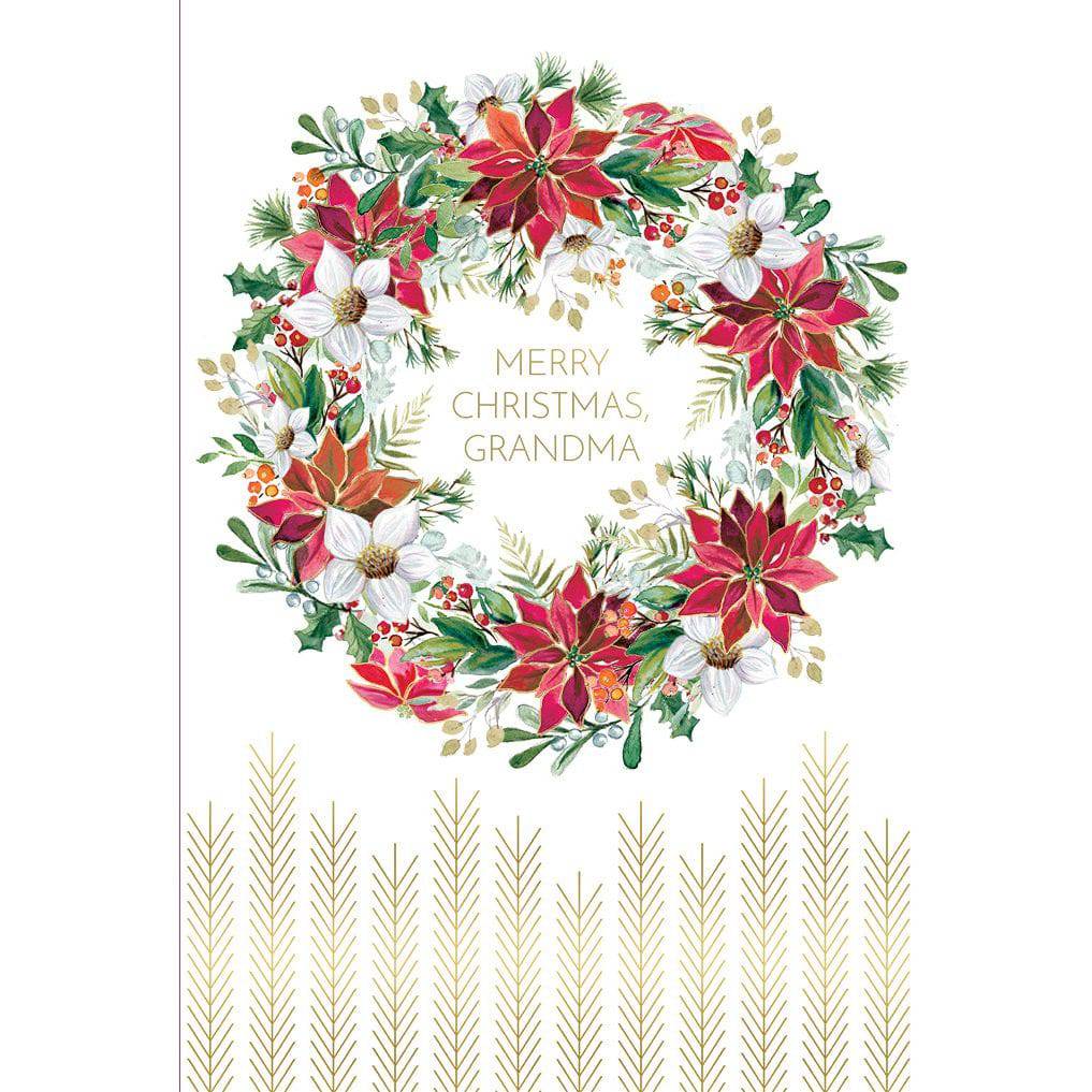 Pictura Christmas card featuring a festive poinsettia wreath design, perfect for grandmother's holiday greeting.