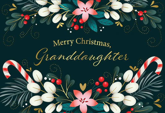 Pictura Christmas card featuring flowers and a candy cane design, celebrating granddaughter with festive holiday imagery.