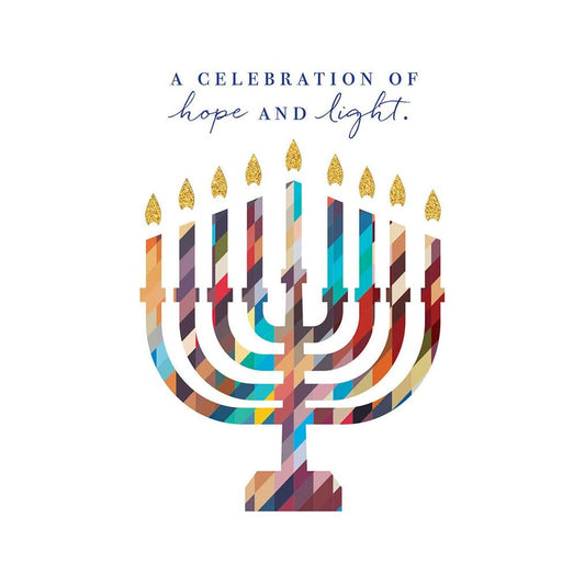 Colorful Menorah Hanukkah card by Pictura featuring vibrant Hanukkah and Rosh Hashanah themed illustrations.