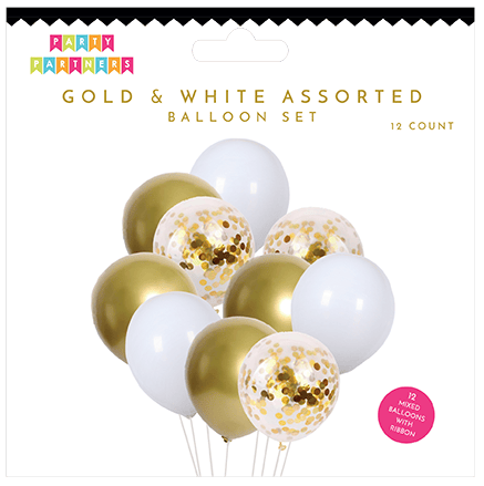 Gold and white tissue fan balloon set from Party Partners, decorative balloons perfect for celebrations and events.