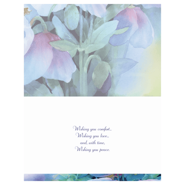 Inside view of Pictura Blue Flowers sympathy card featuring delicate blue flower illustrations for heartfelt condolences.