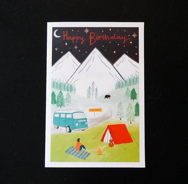 Pictura night camping birthday card featuring a nighttime outdoor scene with tents and trees, suitable for celebrating outdoor adventure birthdays.