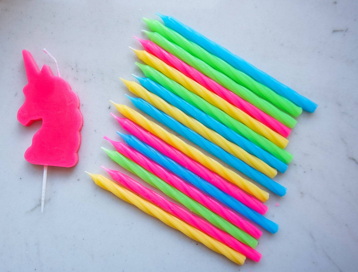 Colorful neon rainbow candle set from Party Partners, featuring vibrant, decorative candles perfect for celebrations and decor.