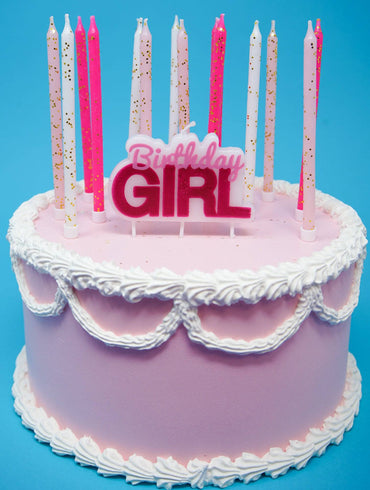 Party Partners birthday girl candle block, decorative set of candles with colorful "Birthday Girl" design for celebration.