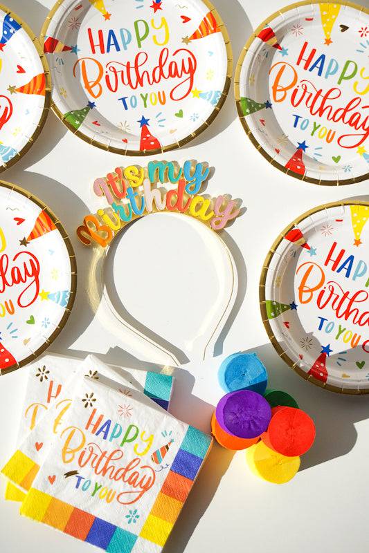 Silver birthday metal headband with "Happy Birthday" lettering, perfect for party hats and celebration accessories.