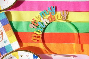 Silver birthday metal headband with "Happy Birthday" text, party hat design, perfect for celebrations by Party Partners.
