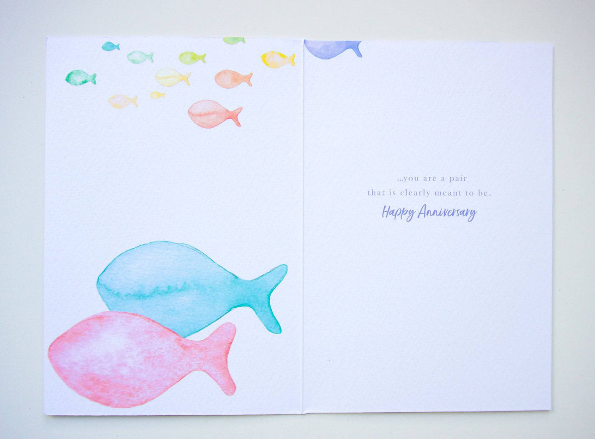 Pictura Fishes in the Sea anniversary card featuring colorful fish illustrations on a white background, suitable for everyday occasions.
