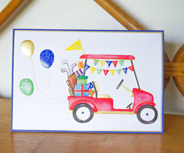 Pictura golf cart birthday card featuring a colorful illustration, perfect for celebrating a special occasion.