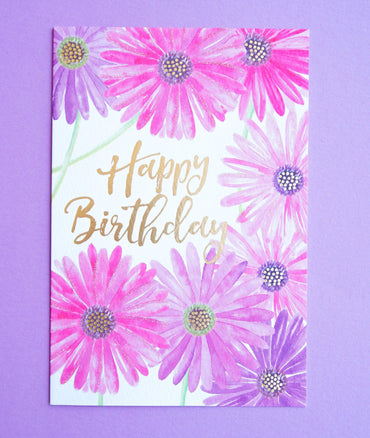 Pink and purple daisies birthday card from Pictura featuring bright floral designs, perfect for celebrating special occasions.