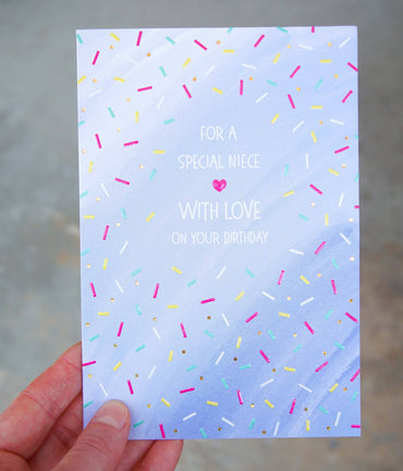 Pictura Sprinkled With Love birthday card featuring colorful sprinkled design for niece, perfect for special occasions.