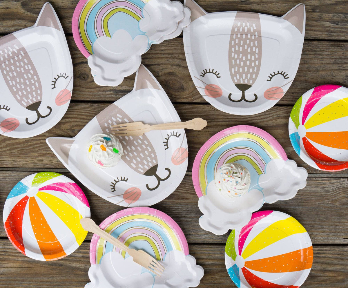 Colorful rainbow and cloud themed plates from Party Partners, featuring vibrant rainbow designs and cloud illustrations.
