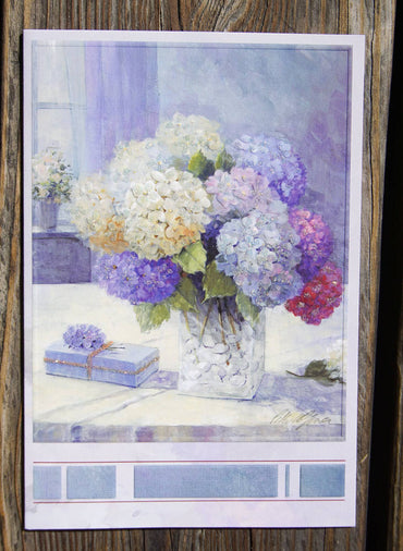 Pictura bouquet hydrangea birthday card featuring colorful hydrangea flowers on an elegant, floral-themed greeting card.