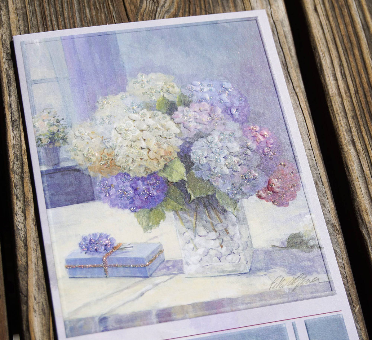 Pictura bouquet hydrangea birthday card featuring colorful hydrangea flowers on an elegant greeting card.