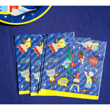 Super Hero themed napkins by Party Partners featuring colorful superhero designs for party celebrations.