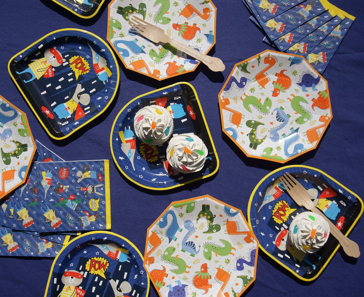 Party Partners superhero-themed plates featuring vibrant comic book designs, perfect for kids' parties and superhero celebrations.