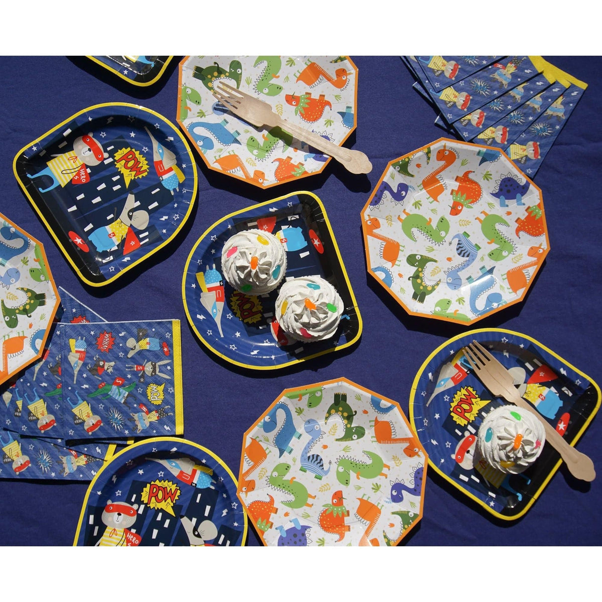 Party Partners superhero napkins featuring colorful comic book designs, ideal for kids' parties and celebrations.