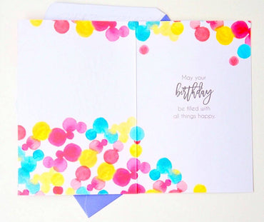 Pictura Bubbly Birthdays birthday card with colorful dot patterns, perfect for celebrating special occasions.