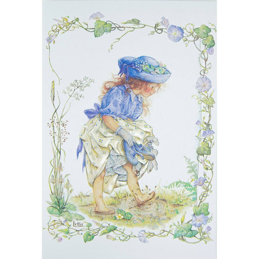 Lisi Martin Stepping In Puddles birthday card featuring a girl in a blue dress, part of Pictura's everyday greeting card collection.