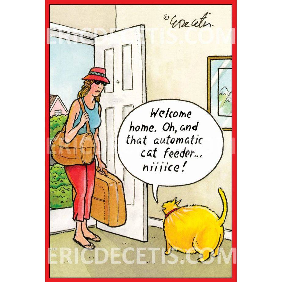 Pictura automatic cat feeder birthday card, colorful design, featuring a cat and food imagery, suitable for special occasions.