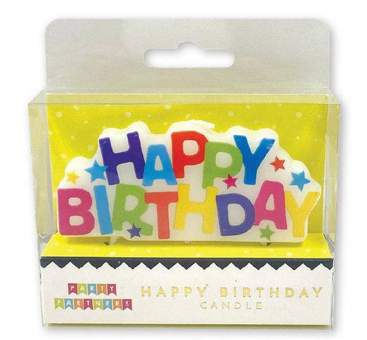 Party Partners Happy Birthday candle block with colorful birthday message, ideal for celebration cake decorations.