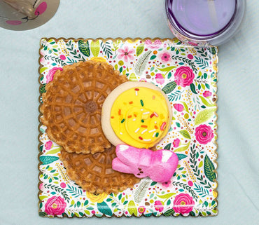 Party Partners floral pattern plates featuring colorful flower designs, perfect for festive occasions.