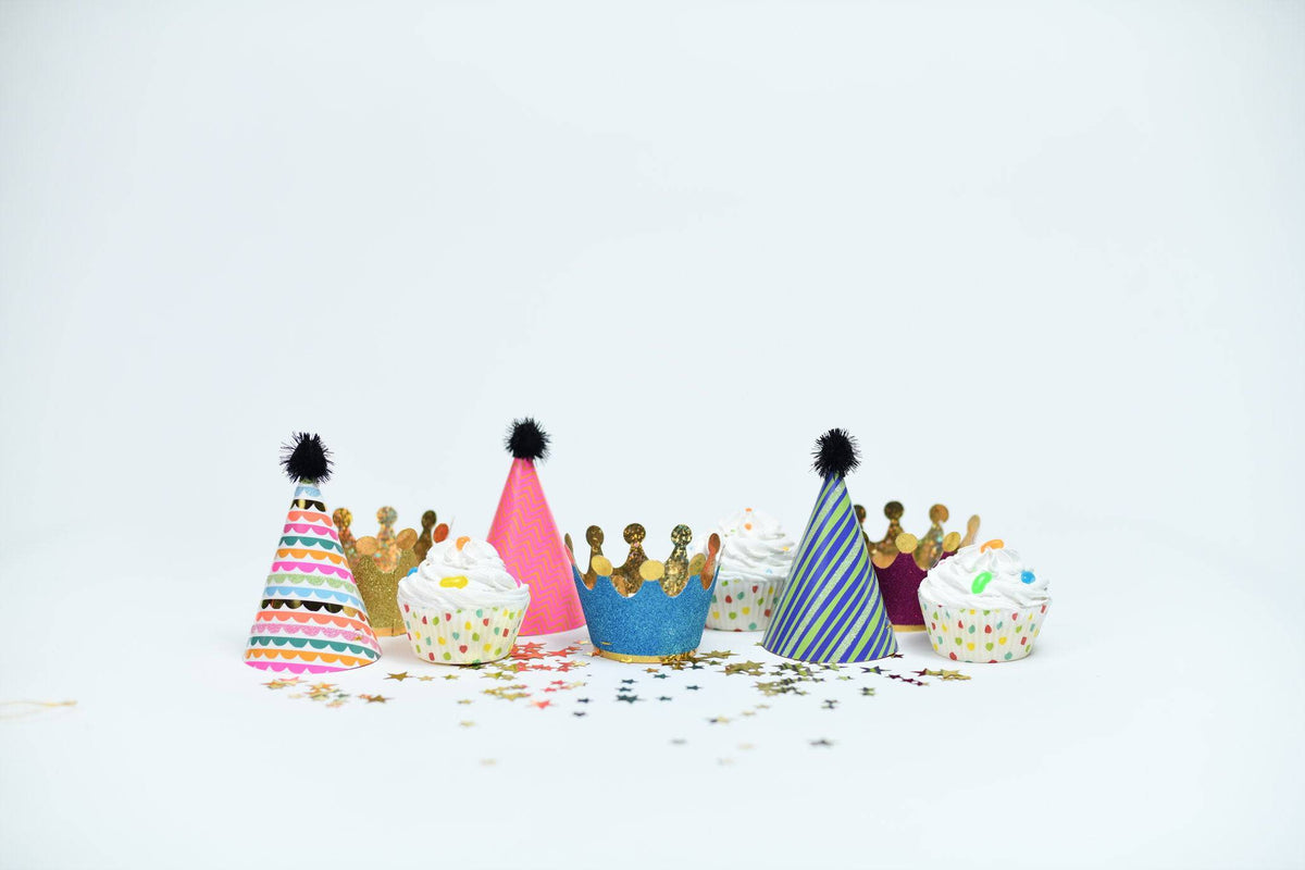 Colorful mini crown party hats by Party Partners, featuring bright designs perfect for celebrations and festivities.