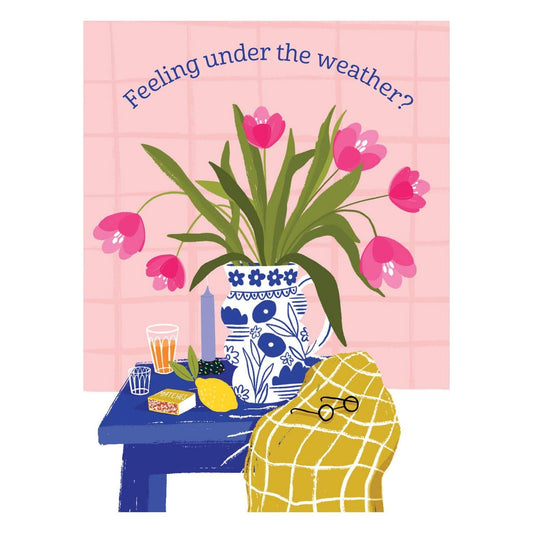 Pictura Get Well Card featuring a tulip vase illustration, designed to send warm wishes with a floral theme.