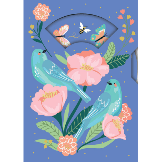 Pictura Bluebirds birthday card with spinning wheel design, featuring vibrant bluebird illustrations on a colorful everyday greeting card
