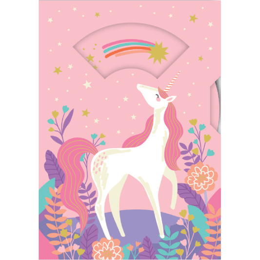 Colorful unicorn-themed spinning wheel birthday card by Pictura, featuring vibrant illustrations and a playful design for celebrations.