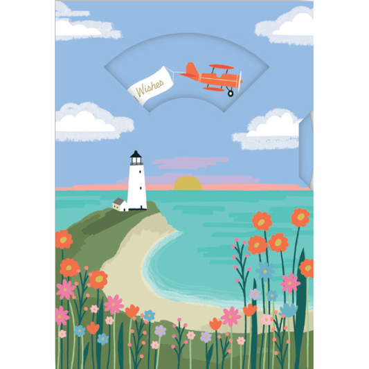 Pictura Lighthouse Birthday Card with spinning wheel design, featuring a nautical lighthouse illustration for celebration greetings.