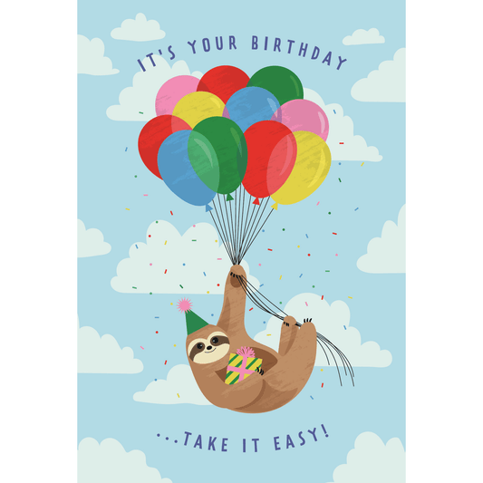Balloon Sloth birthday card from Pictura, featuring a cute sloth holding balloons on a colorful background.