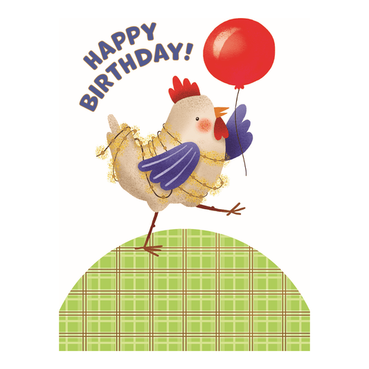 Spring Chicken birthday card by Pictura featuring a colorful cartoon chicken design on a cheerful greeting card.