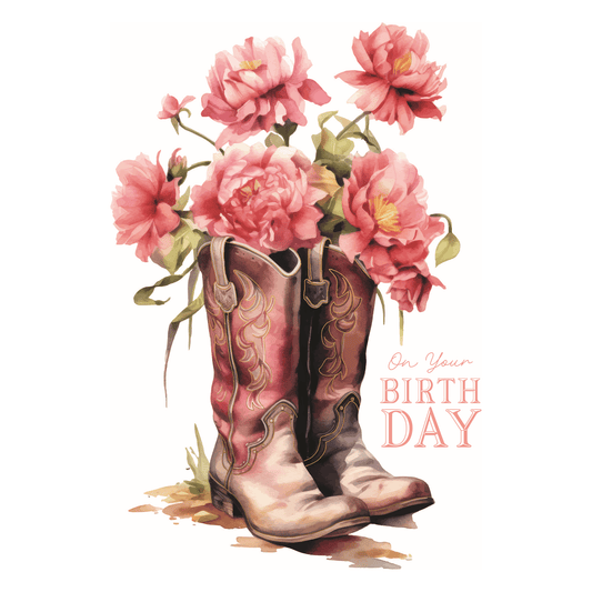Pictura floral boots birthday card featuring colorful boots and vibrant floral design, perfect for celebrating birthdays.