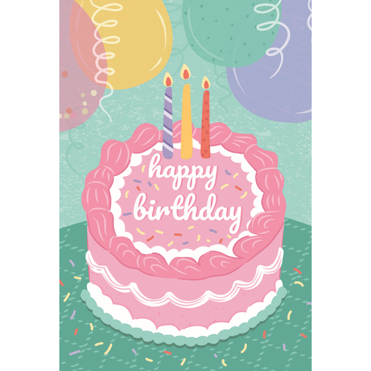 Decorated birthday card with colorful cake and balloon illustrations from Pictura's everyday card collection.