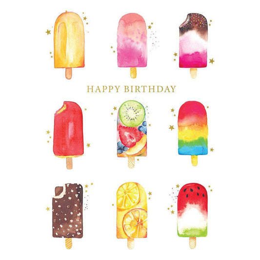 Colorful ice pops birthday card by Pictura featuring vibrant summer-themed illustrated ice pops on a cheerful background.