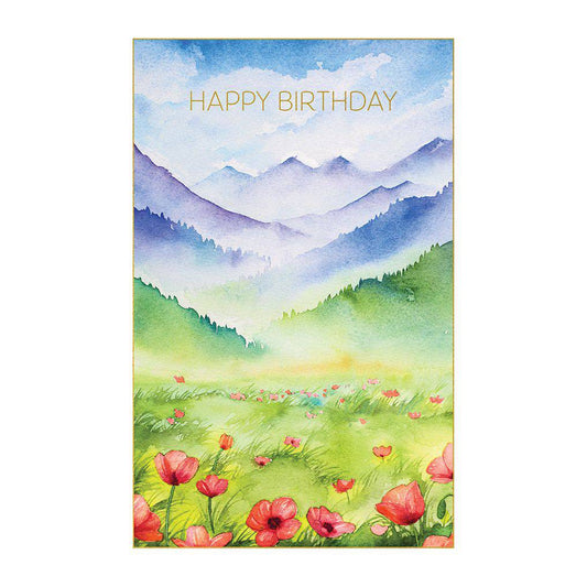 Red poppies landscape birthday card from Pictura featuring vibrant red poppies and a scenic countryside design.