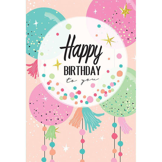 Pictura tassel birthday balloons greeting card with colorful tassels and festive birthday design for celebrating special occasions.