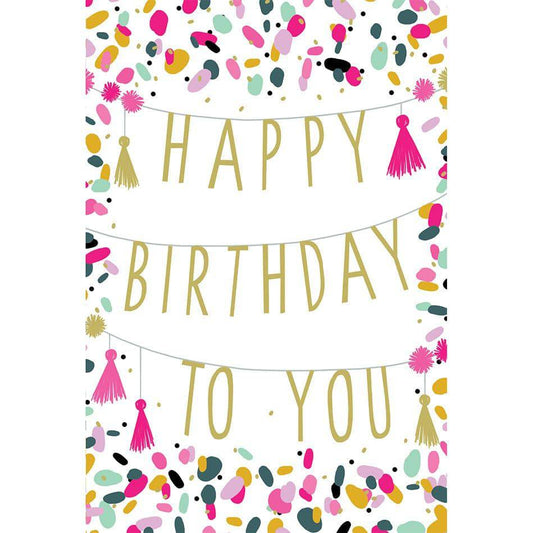 Sara Miller Happy Birthday banner card from Pictura featuring colorful birthday-themed design and elegant script text.