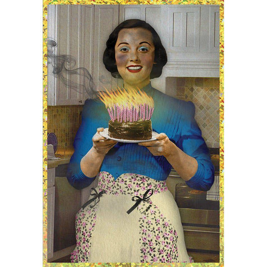 Funny birthday card featuring smoking candles design by Pictura, with colorful illustrations and playful message on the front.