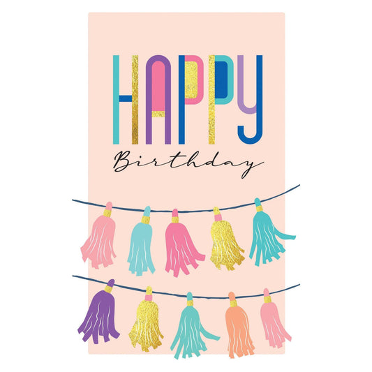 Colorful birthday tassel decorations on a Pictura birthday card, perfect for celebrating special occasions.