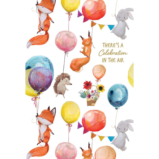 Colorful Animals on Balloons birthday card by Pictura featuring cheerful animal illustrations on a festive background.