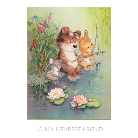 Fishing Friends birthday card by Pictura featuring a playful illustration of friends enjoying fishing on the front.
