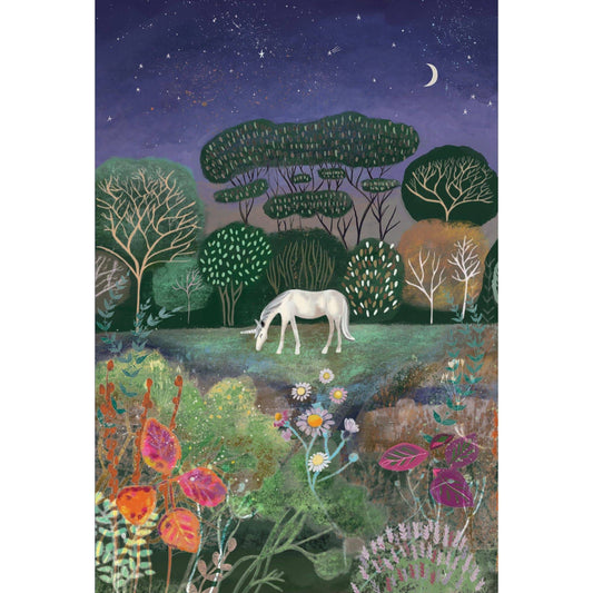 Colorful night unicorn birthday card by Pictura featuring a whimsical unicorn with stars and moon graphics on a dark background.