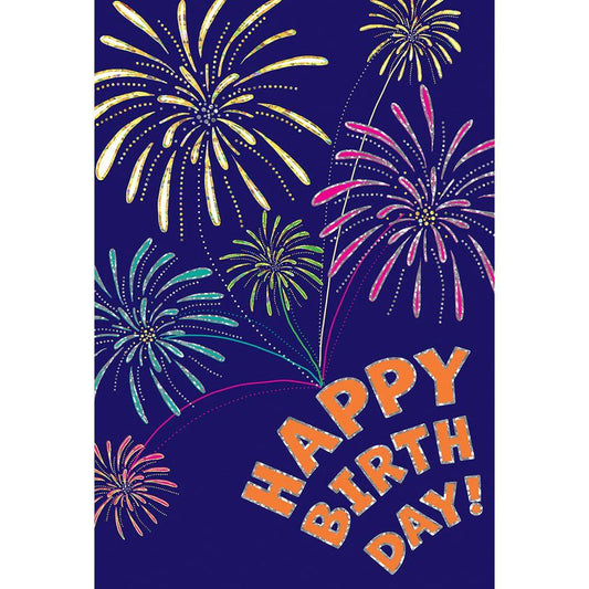 Pictura birthday fireworks greeting card with colorful firework illustrations and festive design for celebrating birthdays.