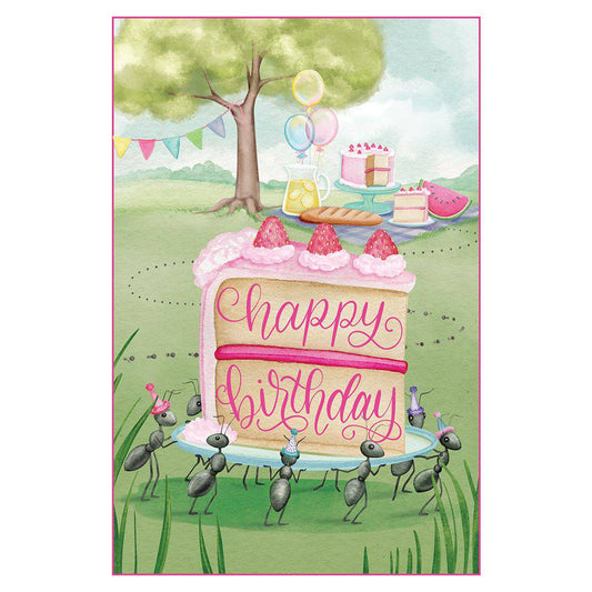 Pictura picnic birthday card featuring cheerful outdoor picnic scene with colorful balloons and festive design.