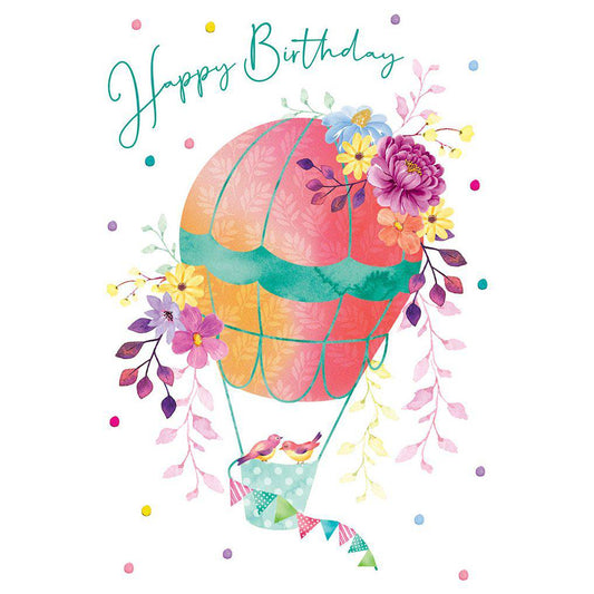 Colorful Birds in Balloon birthday card by Pictura featuring cheerful bird illustrations with balloons for celebrating birthdays.