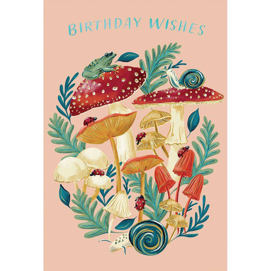 Pictura Mushroom Forest birthday card featuring whimsical mushroom illustrations on a colorful background.