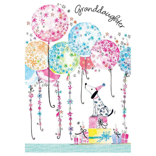 Pictura Dalmatian balloons birthday card for granddaughter, featuring colorful illustrations of playful Dalmatian puppies and balloons.