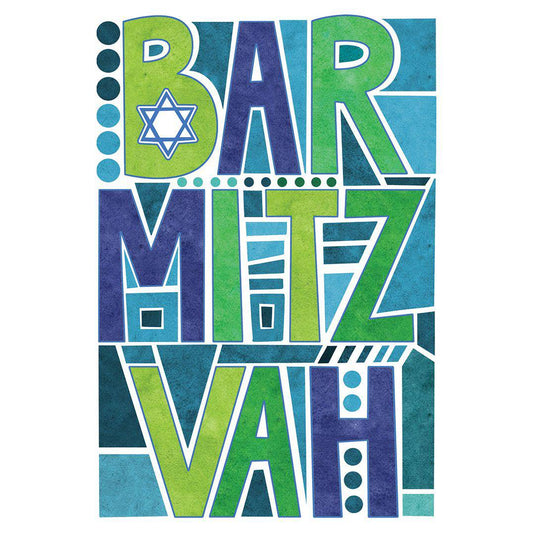Pictura Bar Mitzvah card featuring colorful block letters and celebratory design for special occasion.